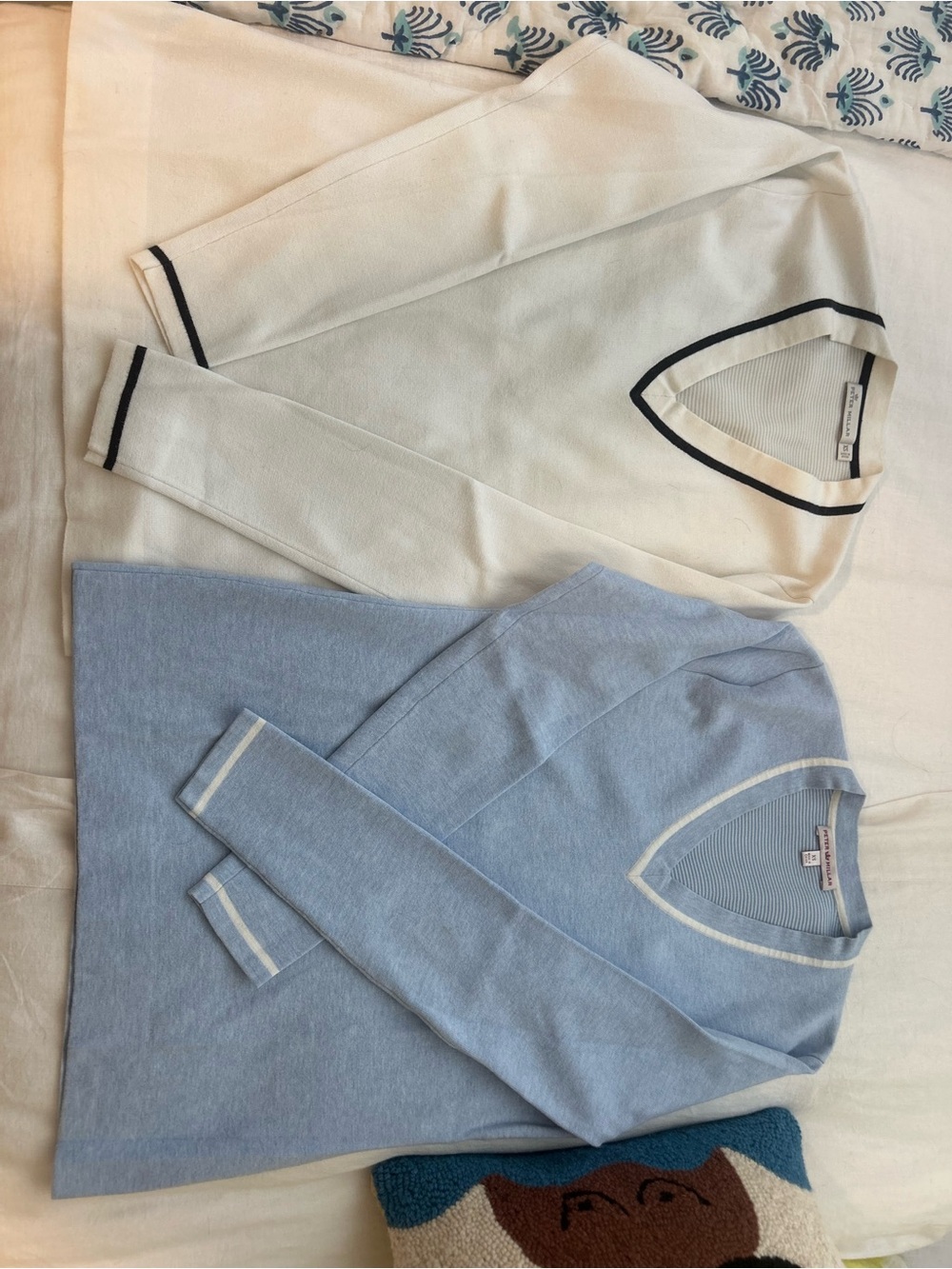 Peter Millar White V-Neck with Black/navy Trim & Light Blue V-Neck Sweater